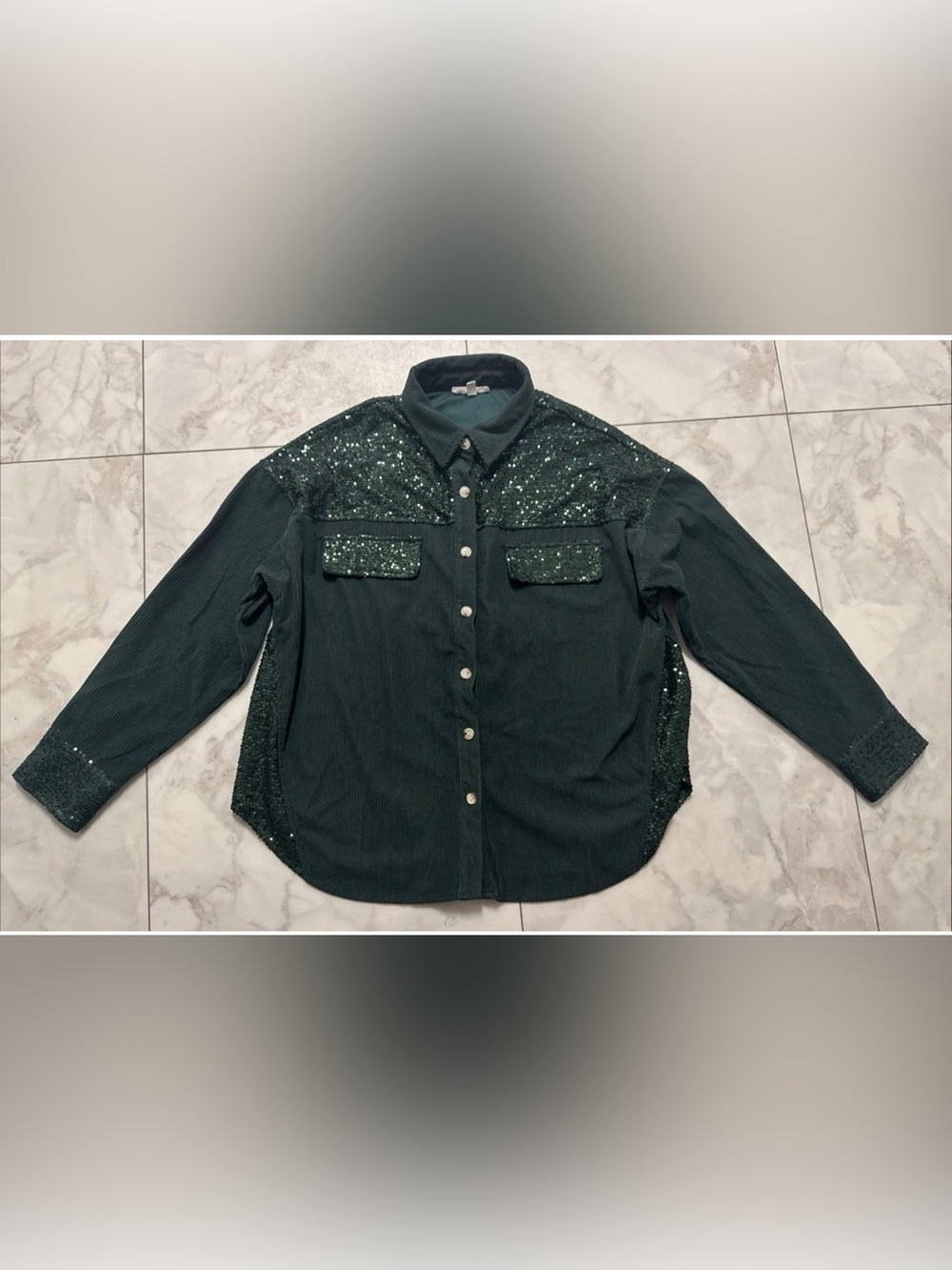 Sewn + Seen Sequin Corduroy Button Down Shirt Womens Large Green Long Sleeve